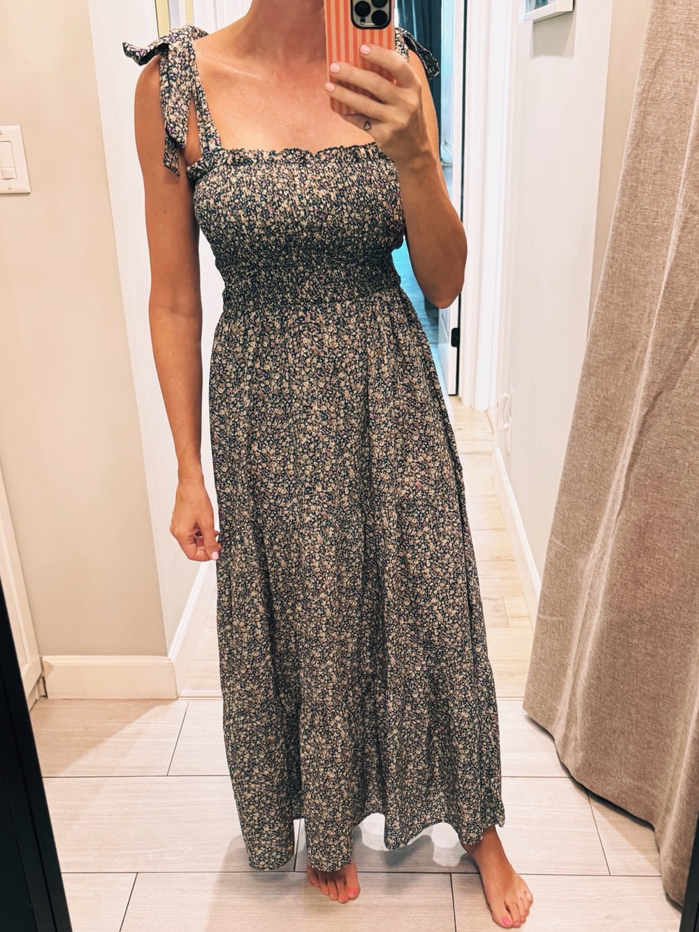 Floral Smocked Tie-Shoulder Maxi Dress. Like new.
